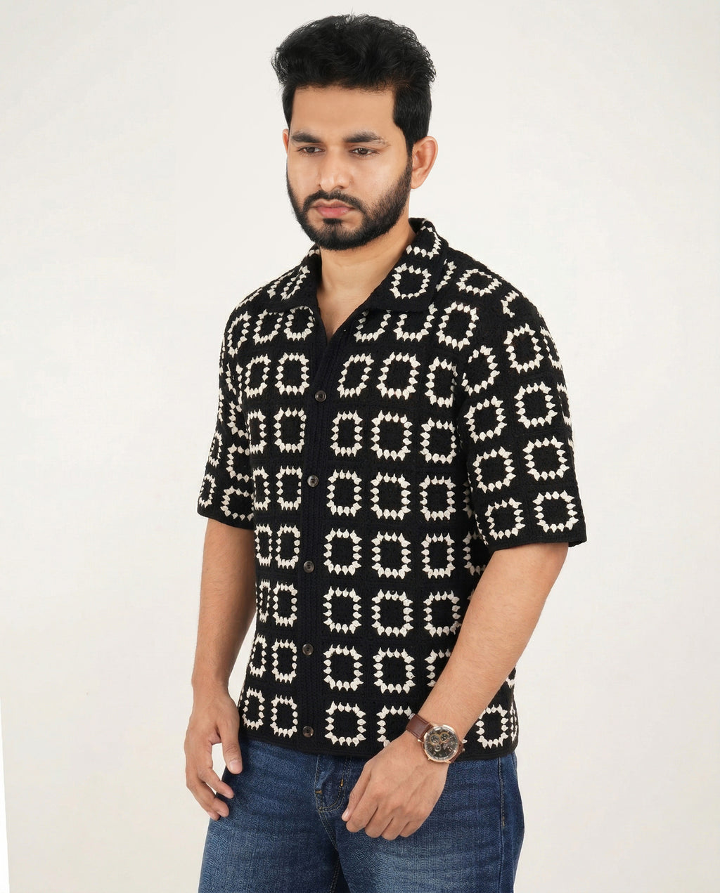 Premium Knit Structured Obsidian Noir Pattern Half Sleeve Shirt – KORAS