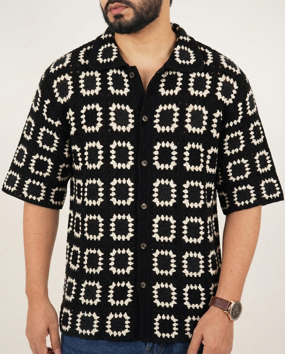 Premium Knit Structured Obsidian Noir Pattern Half Sleeve Shirt – KORAS