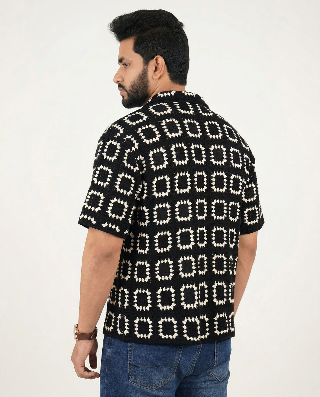 Premium Knit Structured Obsidian Noir Pattern Half Sleeve Shirt – KORAS